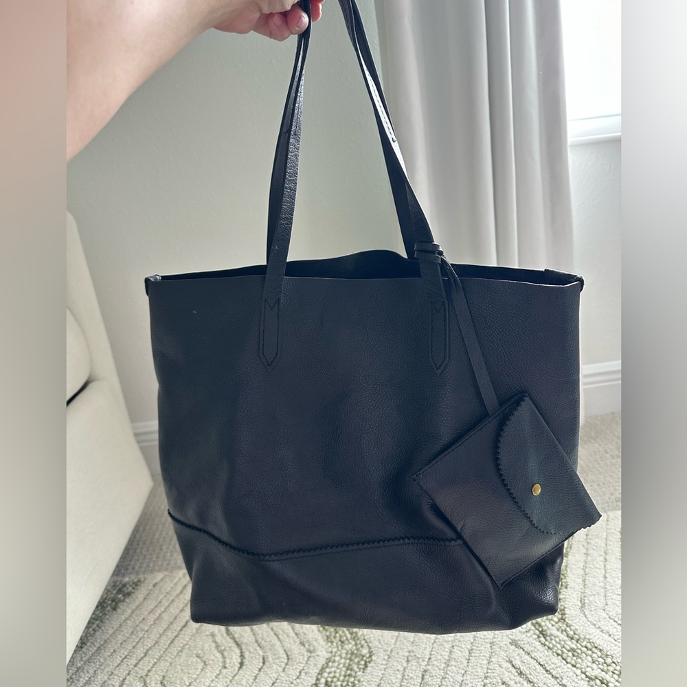 J crew Black Leather Tote Bag with Pouch